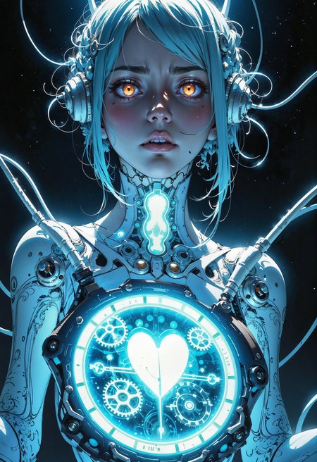 (in Krenz Cushart style:1.2), high-quality, masterpiece, A phantom engineer, her hands deep inside a translucent ghostly machine that floats before her, The mid-shot captures her focused expression as she manipulates gears made of shimmering light, Her chest is exposed revealing a clockwork heart that pulses in sync with the machine, glowing wires float around her in zero gravity, The background is a vast dark void speckled with faint stars, mid-shot, glowing mechanics, low gravity, high contrast, (elaborate fine details:1.1), (elaborately detailed attire with extraordinary elements:1.1), (hyperdetailed:1.1), (intricate details:1.0), (Refined details:1.1), (best quality:1.1), (high resolution:1.2)