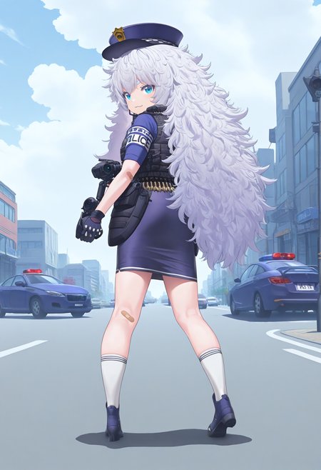 best hands, <lora:mn_poli_IL1.4:1> 
from behind, looking back, 
mn_poli, official art, 1girl, white very long Messy Hair, aqua eyes, :3,
uniform, blue shirt, armband, police uniform, policewoman, scope, bulletproof vest, walkie-talkie, pencil skirt, black gloves, white socks, bandaid on knee, Footwear, Bullet Belt, Policeman's hat,
BREAK outdoors, street, Intersection, traffic lights, cars, day, cloudy sky, shadow,