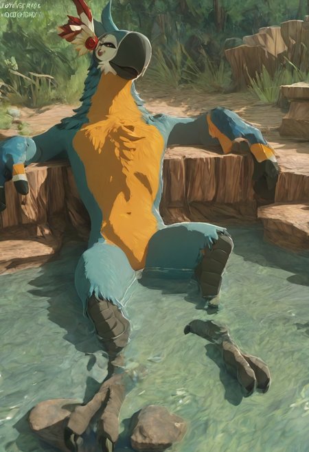 safe_pos, score_9, score_8_up, score_7_up, best quality, absurdres, 3d, (((botw_style, KassPXL))),

muscular, very wide shoulders, broad chest, unrealistic proportions, (((one hand on crotch, fingers spreading slit))), shorter neck, larger body

sitting in water, bathing, rock pond, reclining, outdoors, forest, thick foliage, water, (chest deep in water)