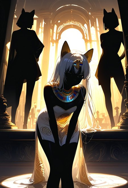 (masterpiece, best quality), (score_9, score_8_up, score_7_up,source_anime), 4K8K, high res image, Uncorrected, white print, lineart print, print, 
from front, upperbody, portrait, 
Ankha_(Animal_Crossing), (solo:1.3), 
(animals), silhouette, backlit, backlighting, dark night, Porcelain Mix Gold, pmg style, 
(golden lines, white silhouette skin, Skin like porcelain), 
sitting, bent over, spreading legs, Arms between legs, Porcelain wall, (small stature, petite:1.3), (breasts:1.1), (white hair, verry long hair, cat ears),
(wearing Porcelain clothing, Porcelain Egyptian-style dress),
