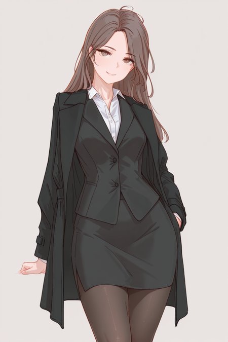 masterpiece, best quality, amazing quality,
 <lora:Nutzlos_IL:1> nutzlos, 1girl, solo, pantyhose, skirt, jacket, long hair, looking at viewer, brown hair, formal, smile, simple background, suit, pencil skirt, shirt, coat, brown eyes