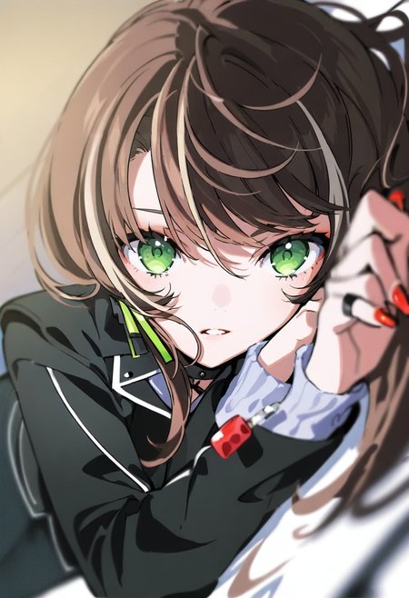 <lora:yoneyamaiXL_il_lokr_V53P1:0.95> 1girl, solo, green eyes, looking at viewer, red nails, lying, blurry, brown hair, black jacket, bangs, long sleeves, jewelry, nail polish, jacket, parted lips, earrings, virtual youtuber, depth of field, on side
