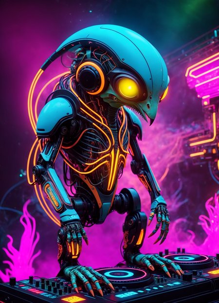 Ombre color scheme of neon orange, neon pink, neon blue, neon yellow, neon green, biomechanical cyberpunk psychedelic style cute weird (alien|penguin) creature DJing (at a rave:1.1)  (giant speakers:1.2) (crowd distant background:1.15) (bokeh volumetric lighting, fog:1.1)  <lora:fx-monsters:0.35> fx-monsters  <lora:add-detail-xl:1> <lora:sss:0.8> <lora:xl_more_art-full_v1:0.35> <lora:The_Dark_Side_Of_The_Future:0.25>  <lora:vibracol:0.5> vibracol, subsurface scattering, Photorealistic, Hyperrealistic, analog style, realistic, film photography, soft lighting, heavy shadow . vibrant colors, swirling patterns, abstract forms, surreal, trippy . cybernetics, human-machine fusion, dystopian, organic meets artificial, dark, intricate, highly detailed