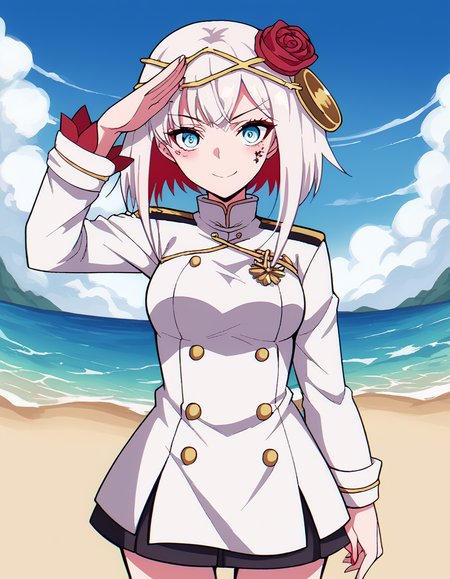 score_9, score_8_up, score_7_up, source_anime, <lora:taktop-destiny-s1-ponyxl-lora-nochekaiser:1>, destiny, blue eyes, short hair, hair ornament, flower, white hair, red hair, multicolored hair, hair flower, rose, colored skin, facial mark, red flower, red rose, thorns, medium breasts,, <lora:kancolle-admiral-cosplay-ponyxl-lora-nochekaiser:1>, kancolle admiral cosplay, admiral (kancolle) (cosplay), naval uniform, cosplay, military uniform, military, peaked cap,, beach, salute, blush, smile, cowboy shot, looking at viewer,, , dutch angle, cowboy shot