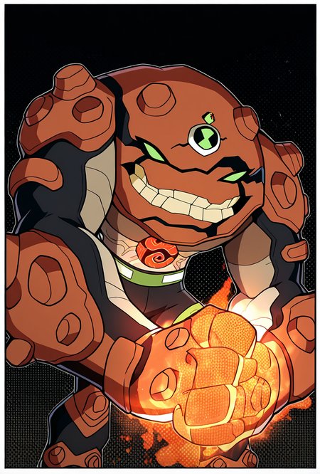 <lora:gravitack-10:1> gravitack, crooked teeth, 1boy, armor, monster, green eyes, solo, massive arms, big hands, zoomed out, brown black background, facing viewer, smiling, black pants, green belt,  one arm, punch, masterpiece, best quality, amazing quality, very aesthetic, absurdres, newest,, upper body, halftone effect, white borders, abstract background:1.2,