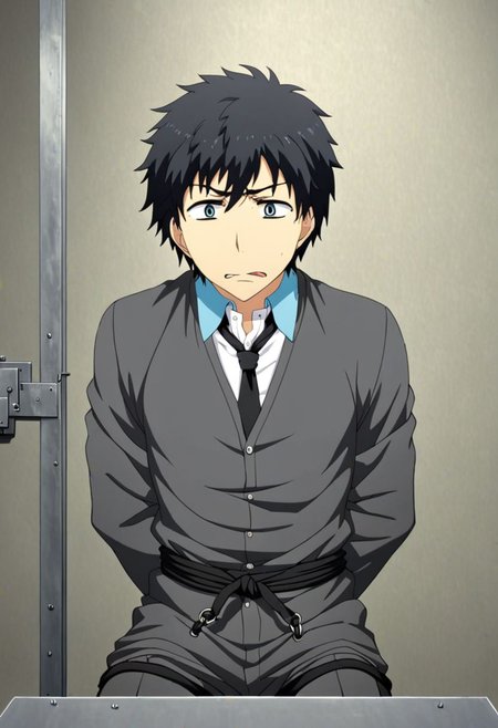 high resolution, solo, best quality, 1Boy, Arata Kaizaki, Black Hair, arrested, restrained, struggling, tied, interrogation, interrogation room, OverallDetail