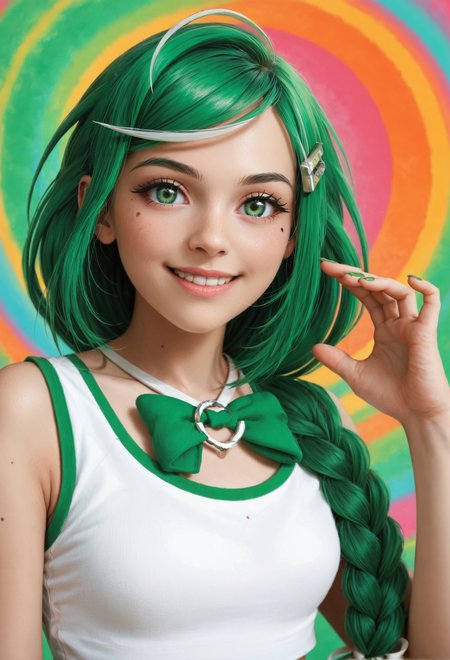 zPDXL2, (from side:0.8), (face focus:0.9), depth of field, highly detailed,
(close shot:1.2), portrait, sber-chan, green hair, streaked hair, green eyes, single braid, white bow, long hair, green nails, (skin details:1.1), (mole on breast:1.3),
looking at viewer, light smile,
hairclip, cowl sleeves tank top,
vibrant, colorful abstract background with swirling patterns and dynamic shapes,
<lora:add-detail-xl:1.5> <lora:Sber-chan:0.9>