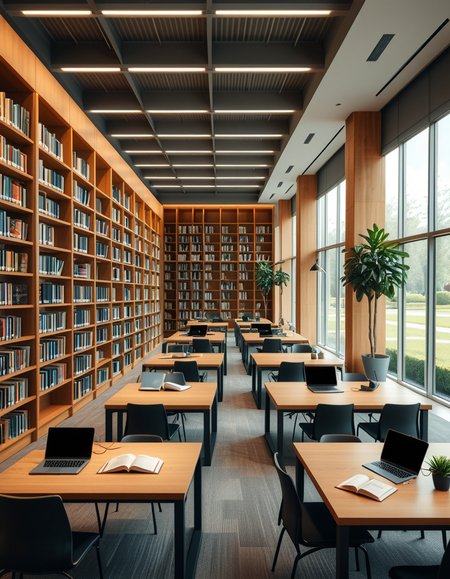 A high-resolution, ultra-realistic photograph of a modern college library interior. The scene showcases a spacious, open-plan design with large floor-to-ceiling windows allowing natural daylight to flood the space. The architectural style is contemporary, featuring minimalist furniture with clean lines: sleek wooden tables, ergonomic chairs in neutral tones (gray and beige), and built-in bookshelves made of light oak wood.
In the foreground, a group of diverse students (varied ethnicities and genders) are quietly studying, some using laptops, others reading books, with focused, calm expressions. One student is sipping coffee from a reusable cup.
The background displays rows of neatly organized books, indoor plants adding a touch of greenery, and modern pendant lights hanging from the ceiling, providing warm, ambient lighting. The floor is covered with soft gray carpet, and large abstract paintings decorate the walls, contributing to a cozy and intellectual atmosphere.
The overall mood is peaceful, studious, and inspiring, with balanced natural and artificial lighting, crisp details, and realistic textures, captured as if by a professional architectural photographer using a full-frame camera.
 <lora:SDXLFaeTastic2400:0.4> <lora:extremely_detailed:0.4> extremely detailed,<lora:modern_c0ll3g3_l1br4ry:1>,modern c0ll3g3 l1br4ry, Masterpiece,best quality,hi res,8k,hi res,8k,award winning,(sharp focus, intricate, highly detailed),