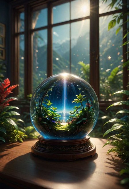 In the night room there is a glass sphere on the table, emitting a soft heavenly glow. Inside, the miniature galaxy is seething with cosmic energy and the galaxy within. Outside, the window of the room offers a tropical panorama. 8k, vray, IMax, hyperrealism, perfect light, bokeh Carl Zeiss 85mm, small depth of field, photorealistic, masterpiece, high resolution, best quality, cinematic shot, ultra-detailed, super realistic, Hyperrealistic art, high-quality, ultra high res, highest detailed, lot of details, Extremely high-resolution details, photographic, realism pushed to extreme, incredibly lifelike,