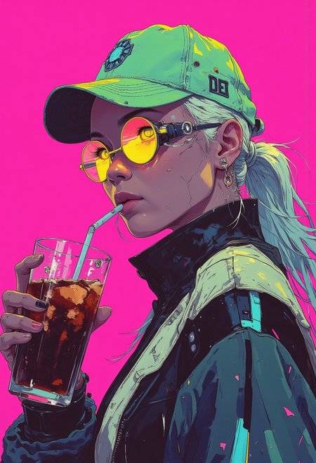 A stylish young woman depicted in vibrant, pop art-inspired illustration, set against a bold, hot pink background. She wears a light green baseball cap with an embroidered emblem, her long, icy white hair tied into a sleek low ponytail that cascades gracefully down her back. Her neon-accented, round sunglasses reflect the ambient light, adding a futuristic edge to her casual look. She sips from a glass of dark soda through a straw, her lips subtly curled in a relaxed expression.
Her outfit consists of a loose, high-collared jacket, giving off a laid-back, streetwear vibe. Multiple earrings adorn her ears, including hoops and studs, and there are several small piercings along the upper cartilage, showcasing her edgy, fashion-forward personality. The overall color palette is bright and dynamic, with shades of turquoise, black, and pastel tones popping against the vivid background, creating an eye-catching and modern aesthetic.
(masterpiece, top quality, best quality, official art, beautiful and aesthetic:1.3),(1girl:1.3),extreme detailed,colorful,highest detailed,((ultra-detailed)),(highly detailed CG illustration),((an extremely delicate and beautiful)), <lora:detailed_v2_flux_ntc:1> <lora:CPA:1> <lora:Luminous_Shadowscape:0.4> <lora:FLUX-daubrez-DB4RZ-v2:0.3> DB4RZ, DB4RZ style painting <lora:MUSCLE_GIRL_FLUX:0.33>