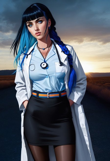 cinematic film still, saturated colors,  negative space, 
1 adult woman, civitai-chan, braided bangs
(breaking bad style), 
face of Marie Schrader,
(solo female focus), 
labcoat, shirt, shirt tucked in, single vertical stripe, black skirt, pencil skirt, pantyhose, necklace, belt
multicolored hair, black hair, blue hair, blue eyes 
leading lines, 
backdrop is bluesky_style, gray sky, sunset