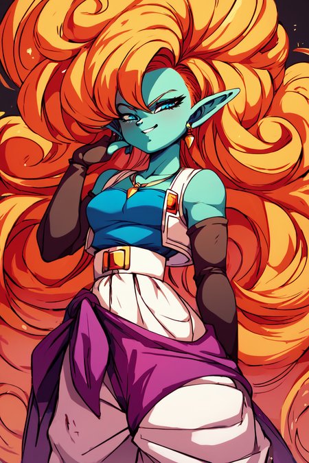 score_9, score_8_up, score_8, medium breasts, (curvy), cute, eyelashes,       BREAK, ,  zZangya, blue eyes, blue skin, pointy ears, orange hair, curly hair, long hair, big hair,  jewelry, necklace, detached sleeves, bare shoulders, vest, gloves, white baggy pants, <lora:Zangya_Dragonball_PDXL:0.8>, , BREAK, smile, looking at viewer, cowboy shot, ,,, embedding:zPDXL, <lora:DiivesP1:0.8>,