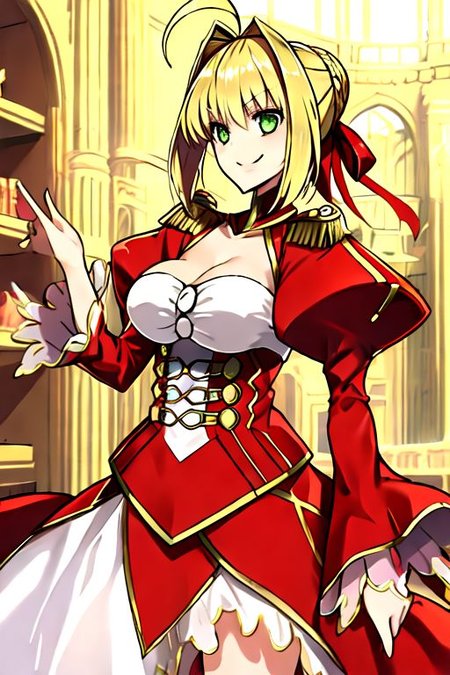 solo_focus, 1girl, (((masterpiece))), ((best quality)), ((ultra-detailed)), high resolution, absurdres, highres, ultra-detailed 8k unity wallpaper, 
Nero Claudius, 
nero_claudius_fgo, blonde_hair, ahoge, green_eyes, hair_intakes, breasts, bangs, smile, large_breasts, blush, cleavage, braid, hair_between_eyes, long_hair, 
nero claudius (fate), breasts, blonde hair, cleavage, green eyes, ahoge, large breasts, epaulettes, braid, red dress, dress, hair intakes, long sleeves, juliet sleeves, bangs, collarbone, puffy sleeves, french braid, short hair, ribbon, hair bun, red ribbon,