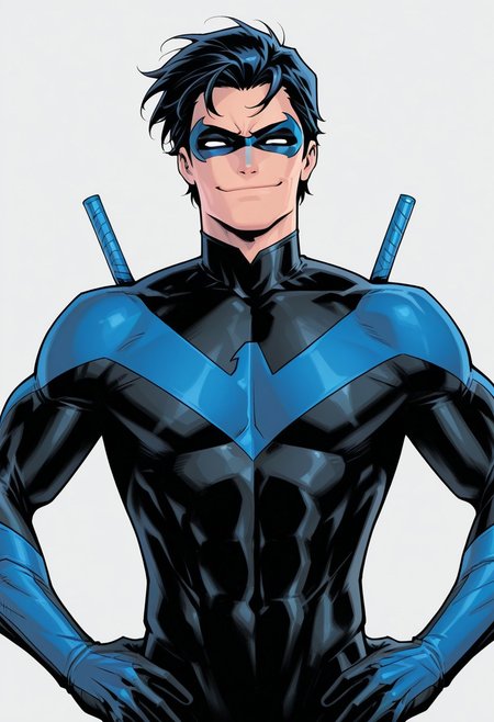Grey background, simple background, solid color background, 2d, 1male, solo, 
DC Comics, Nightwing, toned male, black hair, white eyes, no pupils, domino mask, black bodysuit, blue trim, insignia, 
Upper body, front view, smug expression, smirk, looking at viewer, Hands on hips, batons on back