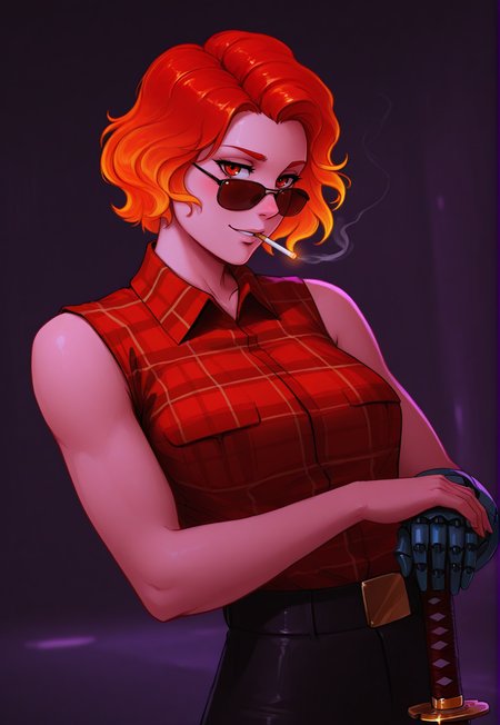 neonpunk style concept art masterpiece, high_quality, highres, flat_colors, gradient, long_lashes, blush, looking_at_viewer, dynamic_angle,
 <lora:yanchik:1>yanchik, 1girl, solo, mechanical arms, sunglasses, skirt, single mechanical arm, orange hair, belt, short hair, tinted eyewear, sleeveless, prosthesis, cigarette, shirt, mouth hold, breasts, red hair, looking at viewer, prosthetic arm, sleeveless shirt, science fiction, cyborg, neon lights, pocket
 best quality, very aesthetic, absurdres,detailed hands, backlight, blurry background, depth of field, absolutely eye-catching, bokhe, blurry background, dynamic angle,rtx, ray tracing, sexy,pinup:1.2,depth of field, cinematic, (masterpiece, best quality), safe, amazing quality, very aesthetic, absurdres, highres, newest, RAW,
masterpiece, best quality, amazing quality, very aesthetic, newest, detailed eyes, 32k, ultra detailed, 1girl, black bob, bangs, holds katana in hand, leans on katana, katana forward, ((open orange plaid shirt)), sweatpants, abs, skinny, relief body, muscular, look at viewer, emotionless expression, cruel smirk, battle posture, strict posture, cyber futurism, cyberpunk, techno punk, dark theme, action theme, simple background, plaid zentangle pattern, cubism, abstractionism, realism,  (ink graffiti with neon glow in traditional japan style:1.2), close up, dutch angle, epic portrayal illustration, s(plash art style merges with sketch art style), erotic, revealing, lewd, sexy, color palette contain \red, black, blue, yellow\ colors, dark soft colors, matte illustration <lora:nhl-001:0.3> nhl-001, limited palette, realistic <lora:DarkerThanBlackIllustrious:1> . digital artwork, illustrative, painterly, matte painting, highly detailed . cyberpunk, vaporwave, neon, vibes, vibrant, stunningly beautiful, crisp, detailed, sleek, ultramodern, magenta highlights, dark purple shadows, high contrast, cinematic, ultra detailed, intricate, professional in a cyberpunk outfit. Futuristic, dystopian, metallic, neon