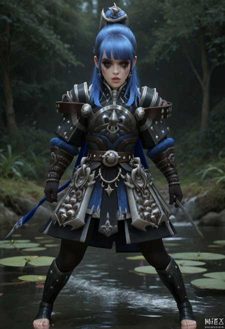 masterpiece, best quality, highly detailed, score_9, score_8_up, score_7_up, score_6_up, aroused moan, expressive, pretty lustful 20yo girl, petite, slender body, full lips, long blue hair, blunt bangs, sidelocks, black armor, standing beside a pond, heavy makeup, barefoot, cute feet, tight squeezed outfit, punker accessories, evoking moan, conveying moans, parted lips, gasping