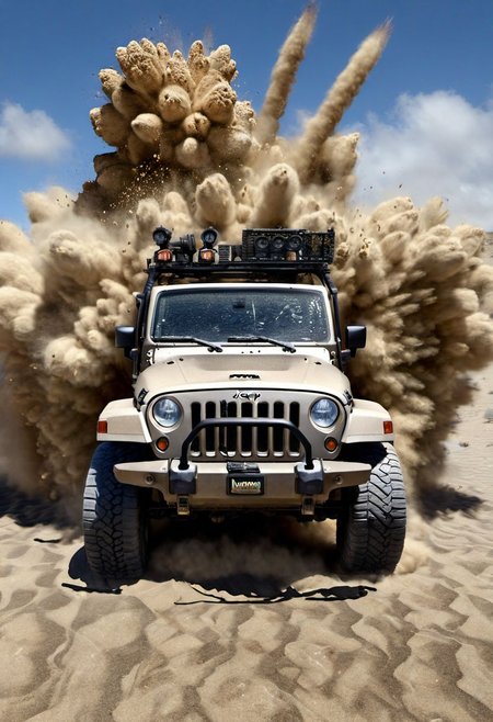 hyperrealistic art (a jeep with hunters:1.1), shots, the sand explodes
 <lora:cxp:1.0> cxp style . extremely high-resolution details, photographic, realism pushed to extreme, fine texture, incredibly lifelike