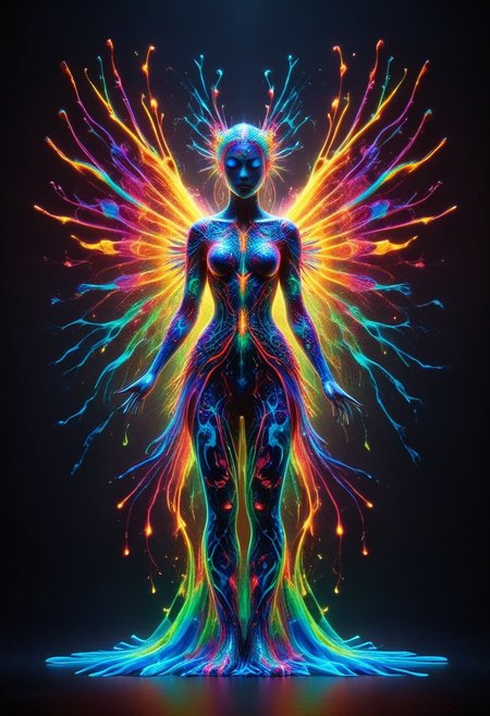 a full body fire entity with multicolored flames, professional photography of an fantastical warrior princess entirely made of cyberflies with whimsical elements, swirling magic, eerie fairytale landscape, elaborate fantasy style art, very colorful, intricate details, ultra sharp, exquisite detail, flawless composition, vivid colors, masterpiece, exciting background, TAS, TASvisuals, Psychedelic , Rave, Elaborate , Blacklight , Vibrant , cyberflies, black light paint, blp, Colorful Chaos Cracks and Drops, mad-glowtiedye, made out of,colorful,liquid,Murano Art Glass