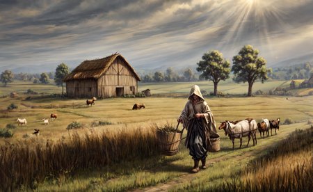 medieval, <lora:Medieval_Headwear:0.5> mehe, villager with a linen hood, wearing a linen shirt and trousers, carrying a bucket, weary and tired, showing signs of a long day's work and a weathered face,
<lora:FantasyFarm:0.6> fantfa, quiet medieval village outskirts with fields of crops and grazing animals,
morning, windy, dynamic light, HD, very detailed, <lora:more_details:1>