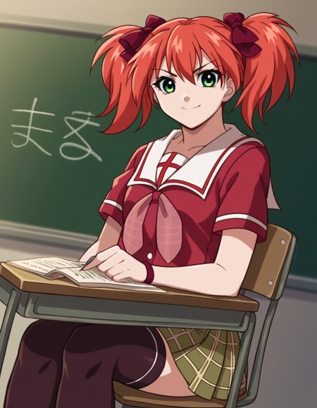 score_9, score_8_up, score_7_up, source_anime, <lora:kokoa-shuzen-s2-ponyxl-lora-nochekaiser:1>, kokoa shuzen, twintails, green eyes, red hair, hair bow, short hair,, skirt, thighhighs, school uniform, black thighhighs, plaid, serafuku, red shirt, short sleeves,, classroom, chalkboard, day time, studying, sitting, chair, desk,, smile, smile, looking at viewer, solo,, dutch angle, cowboy shot