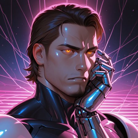 masterpiece, best quality, amazing quality, absurdres, newest, detailed background, definition so sharp, Ultra-HD, 8K cinematic, very awa, impressionate, amazing quality, highres, 
solo, male focus, manly, shadow, shiny skin,
shimonmakusu, shimon_brunette, shimon_orange eyes, 1boy, short hair, stubble, goatee, mature male, cybernetic, robot_arm, glowing_eyes, futuristic_clothing, enforcer, android, precision, cold_logic, mechanical_parts, integrated_tech, dystopian, synthwave, sharp_lines, augmented
