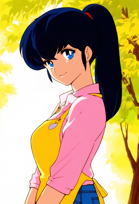 1girl, solo, otonashi_kyouko \(maison_ikkoku), blue eyes, long hair, purplish-blue hair, ponytail,
standing, outside, smile, from side, looking at viewer, spring, 
shirt, apron, jeans, upper body,
(high_contrast,drop_shadow,chromatic_aberration:0.2)
(happoubi jin:0.2), (ask \(askzy\):0.2), (pija:0.2),(remsrar:0.2),
masterpiece, best quality, absurdres, highres, sensitive, intricate detailed,  <lora:Kyoko_Otonashi:0.7>