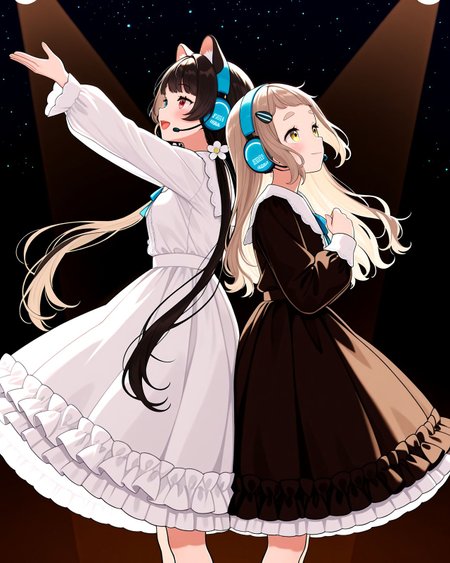 masterpiece, best quality, very aesthetic, perfect anatomy, symmetrical composition,
night, starry sky, darkness, luxury, gaudy, spotlight, from side, from below, 
lace trim, glittery dress, frilled dress,
(a girls standing and singing, back-to-back, headset:1.4),
thick eyelashes, shiny skin, shiny hair,
2girls, happy, blush, open mouth, looking up, light smile, 
BREAK
<lora:niji-toko:1> niji-inui, (heterochromia:1.3), red eyes, yellow eyes, black hair, dog girl, dog ears, prick ear, very long hair, low twintails, bangs, hair ornament, hair flower, lace trim, glittery white dress, frilled dress, arm up,
BREAK
<lora:niji-chima:1> nijichima, yellow eyes, drooping eyes, short eyebrows, light-brown hair, round face, disproportionate breasts, short stature, aged down, long hair, short bangs, hairclip, lace trim, glittery black dress, frilled dress, arm up,