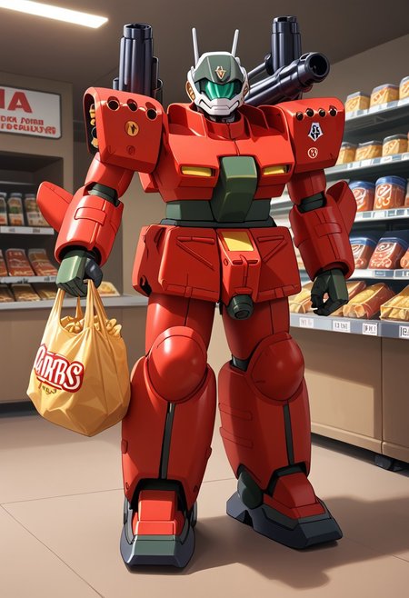 score_9, score_8_up, score_7_up, source_anime, front view, BREAK,  ( guncannon_mass_production_type, behind sopping cart, looking at viewer,) 1mech, shoulder cannons stowed, mech focus, solo, BREAK, two arms, in grocery store, grabbing bag of chips, pushing shopping cart, checkout isle, holding chips,