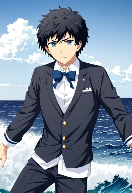 high resolution, solo, best quality, 1Boy, Arata Kaizaki, Black Hair, Blue Eyes, sea, bow cruise ship, stong wind, ocean, OverallDetail