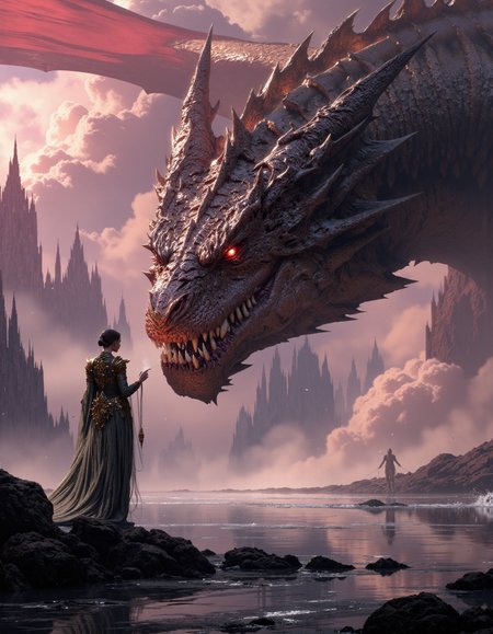 hyper realistic and highly detailed, highly dynamic cinematic panorama view, a beautiful young woman is standing in the water next to a gargantuan dragon, in the style of fantasy scenes, realistic detail, magewave, ferrania p30, Bisque and Blush Pink hue, atmospheric haze, panoramic zoomed out view, highly dramatic lighting, MythP0rt
<lora:FredFraiStyle-FLUX-Share:0.5>  <lora:FluxMythP0rtr4itStyle:0.7>   <lora:dark_fantasy_flux:0.9>