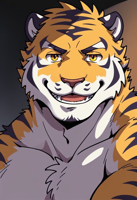 high quality, hires, by fruitz, furry, tiger, furry male, male focus, 1boy, solo, smile, looking at viewer, bara, <lora:Fruitz_style:1>