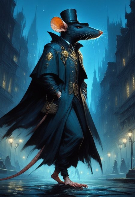 BREAK score_9, score_8_up, score_7_up,  night time, city, ominous, rat, top hat, cloak, smug, hands in pockets, gold ring, pocket watch, walking cane, full body shot, (one tail: 1.1)
(masterpiece, best quality, ultra detailed, intricate details:1.2), (detailed face:1.1), (rat folk:1.5) <lora:RPGRatFolkXL:1>