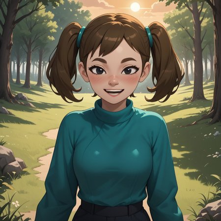 score_9, score_8, BREAK, solo, Mii, Wii, Black Eyes, Half circle eyebrows, big nose, half circle nose, blush, white skin, open mouth, green-ish brown hair, twintails, dark green clothing, 1girl, female mii, Wii Sports Resort, black pants, shoes, cute, medium breasts, Midori_(\Wii_Sports_Resort\), teeth, Nintendo Mii, modern_mii, classic_mii, sexy pose, self portrait, smile, outdoors, sunlight, shadows, evening lighting, natural lighting, forest, trees, grass, orange sky, sunset