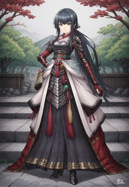 Loreila,1girl,solo,long hair,youthful girl, dark hair, double ponytail with scarlet red ribbons, altered sleeveless hakama lined with a golden trim at its skirt fringes, chestplate, armguard, archer's glove on left arm, red armguard on right arm, light scarlet hakama ribbon lined with a golden and green trim and several trinkets at the front, long jacket around waist, cape lined with golden fixtures, armored boots, high heels,outside, japanese garden,throne,anime art