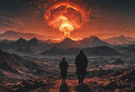(nuclear waste:2), (nuclear explosion on in background:3), red sun dawn behind mountains, (dark silhouette of person on the sky looking down:2), extremely detailed, (highly detailed:3), (etching:3), (max screck), B&W