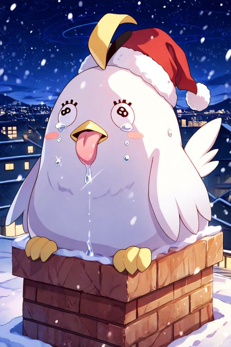 masterpiece,best quality,absurdres,very aesthetic,no humans,peroro \(blue archive\),crying,snowing,night,brick,rooftop,snow on head,upper body,santa hat,blizzard \(weather\),starry_sky,moonlight,<lora:chimney_Illust_v1:0.8>,<lora:ponyv5_noobV065S_1_adamW:0.6>,<lora:MeMaXL4:0.7>,<lora:Xmas_2k24:0.7>,