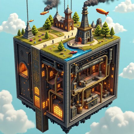 M1CR0CUB3D, aidmafluxpro1.1, A floating cubed world tethered by chains to massive airships, its surface home to a skyport with rotating gear towers and dirigibles. Below, an elevator shaft runs through layers of brass piping, steam vents, and glowing coal furnaces. Lighting: strong contrast with warm amber glows and soft atmospheric haze. Style: steampunk illustration with ornate Victorian tech.