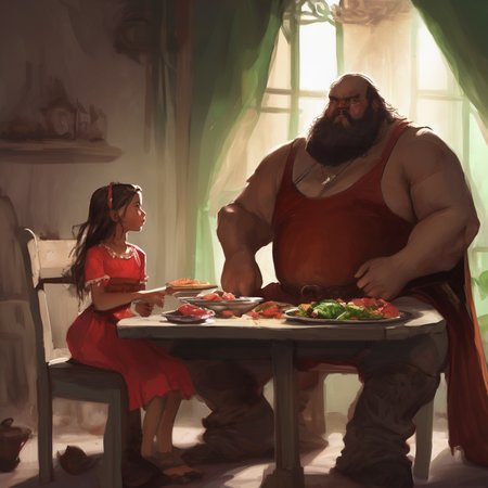 A digital painting of a big fat man wearing brown sitting at a dinner table next to a poor impoverished little girl with a red coral dress, white frilly shirt and green headband, he has a big meal but she has nothing, (unfair:1.1), medieval, RPG fantasy artwork art, masterpiece, 300DPI, high quality