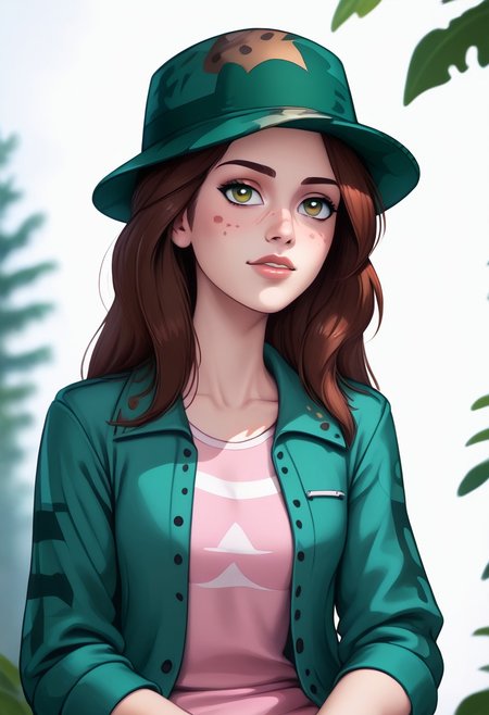 score_9, score_8_up, score_7_up, score_6_up, PRSNL_3_1, uncensored, pupils black dots, lips,
upper body, best quality, masterpiece, 4k, realistic, warm light,
LeafPony, leaf (pokemon), long hair, brown hair, brown eyes,
green headwear, camouflage headwear, long sleeves, jacket, green jacket, open clothes, sleeves past wrists, pink dress, bike shorts, shoes, black footwear,