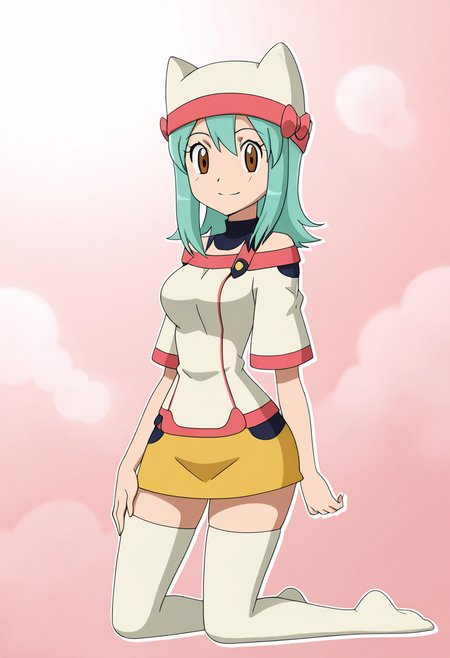 masterpiece, best quality, solo, curvy, beautiful eyes, large breasts, aged up, narrow waist, wide hips, 1girl, solo, smile, looking at viewer,    zzYumei, brown eyes, aqua hair,  animal ear headwear, white shirt, bare shoulders, yellow miniskirt, white thighhighs, zettai ryouiki  <lora:YumeiByKurumiErika_IXL:1.0>,  kneeling, side view, hand on thigh, smile, looking at viewer,