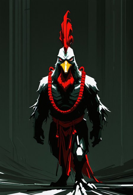 HDR, 8K, high contrast,masterpiece,best quality,amazing quality,very aesthetic,high resolution,  
masterpiece, best quality, good quality, very awa, very aesthetic, absurdres, newest,
sketch painting, (digital art:1.3), (concept art:1.2),  
A cartoon-style drawing of an angry rooster, on a psychedelic background, in the style of Disney, with simple lines and a flat design. The character design is cute and funny, in the style of Atey Ghailan. Add more details.
<lora:add-detail-xl:1.5> 
<lora:Void_Spectrum-000008:1>