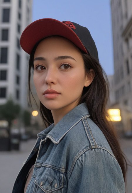 30yo woman posing for pic in front of tall building.
Small eyes. Brown eyes.
Wearing ripped Denim jacket red hat
no makeup. Clear skin.  realistic skin style
Long dark black slick back hair. No makeup. Dusk, Street light. Looking at camera POV. Slight smile, tilting head.. Tilt head. Hands in head, face, lips.
Medium Close Up shot. Bokeh. Bokeh light.