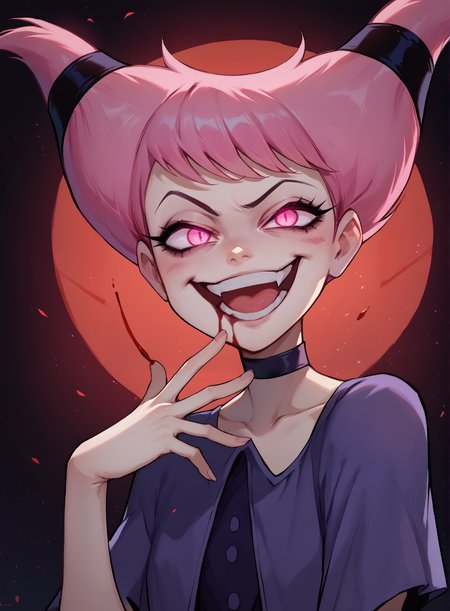 score_9, score_8_up, score_7_up, 1girl, jinx \(dc\), gesugao, evil grin, mouth open, smug, raised eyebrow, anime, blood dripping on face, glowing eyes, hand, dark background, backlighting, particles,
 <lora:Jinx_DC_for_PonyXL:0.8>  <lora:gesugao_v1_unpruned:0.8>