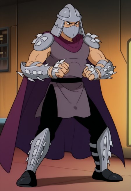 best quality, masterpiece, absurdres, newest, highly detailed, (official style 1.1), cartoon, screencap,
indoors, city scenery,
 <lora:Shredder_TMNT_1987_Cartoon_Screen-Captured:1> 1boy, 5hr3dd3r, metal samurai helmet, dark eyes, black eyebrows, metal face mask, spiked metal shoulder pads, grey sleeveless tunic, spiked metal arm guards, black belt, black pants, spiked metal shin guards, black shoes, purple cape,  fighting stance,