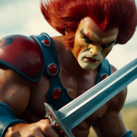 cinematic film still of  <lora:liono thundercats:1>
liono thundercats superhero and the main protagonist character of the ThunderCats franchise a man with red hair holding a legendary Sword of Omens, shallow depth of field, vignette, highly detailed, high budget, bokeh, cinemascope, moody, epic, gorgeous, film grain, grainy
