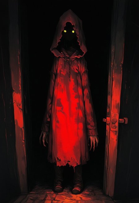 score_9, score_8_up, score_7_up, score_6_up, score_5_up, score_4_up, golden eyes , feral, dark, ((((doorway)))), looking at viewer through a doorway, standing in dark corridor, long corridor, barely visible,
((a man)), weak, hungry, tired, 70s poster, hard lines, thick fog, retro dark vintage sci-fi, horror comic art, standing with arms at sides, (((hands at sides))), long sleeves, ((big hands, long fingers))
wearing a long simple ragged hooded red robe, robe chained closed, prisoner, chained, broken chains, (((((hidden face))))), dark hood, (((faceless))), (((no face))), ((((empty hood)))), ((((pitch black ))), glowing yellow eyes, ghost
BREAK
fog, volumetric light, dramatic studio lighting with a strong rim light
modern-style colour illustration, bold & powerful, black background, ominous