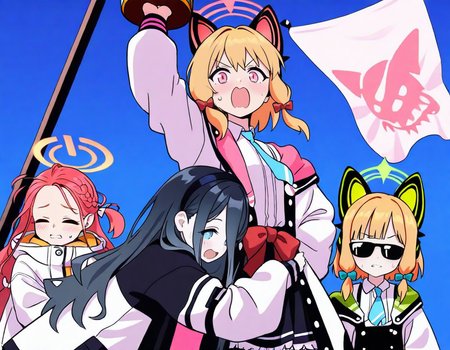 the overall style of the illustration is anime-inspired,masterpiece,best quality,very aesthetic,highres,absurdres,sensitive,amazing quality,beast quality,
fight fight fight meme,(4girls:1.35),blue sky,from below,
BREAK yuzu \(blue archive\),closed eyes,clenched teeth,sweatdrop,school uniform,hug,
BREAK aris \(blue archive\),open mouth,arm up,huge breasts,school uniform,>_<,holding cannon,
BREAK midori \(blue archive\),momoi \(blue archive\),sunglasses,(white flag),school uniform,smile,<lora:fight fight fight meme illuXL v1:0.9>,