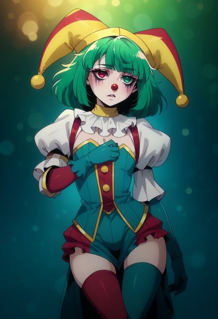 score_9, score_8_up, score_7_up, score_6_up, 1girl, bokeh, Heterochromia, red eye, green eye, c1rcus, clown, red and green hair, multicolored hair, thigh highs, gloves, gothic makeup, striped, jester cap, c1rcusstyl3, gomg-style