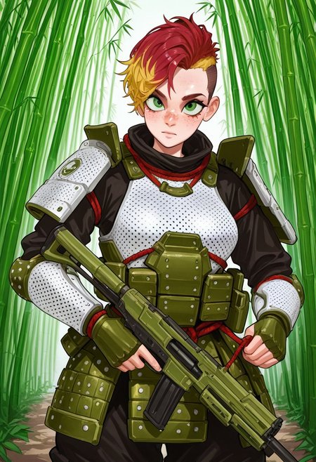 Pst,
1girl, solo, short hair,red hair, blonde hair, undercut,multicolored hair, frilled white armor, polka dot armor, green eyes, big eyes:1.2, freckles:2.0,
medium breasts,atlethic body, 
spec ops, commando armor, gun, leather armor, dark clothed armor ,epic colors, ropes,
bamboo forest,bamboos, green bambo leaves,
 ,solo