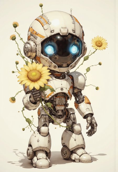 anime, cute baby robot holding a yellow flower